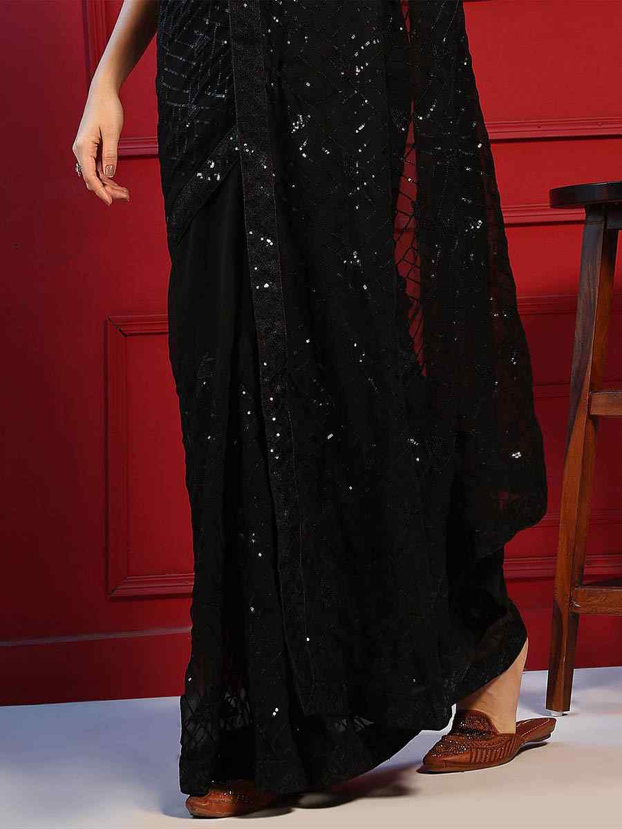 Black Blooming Georgette Sequins Party Wedding Classic Style Saree