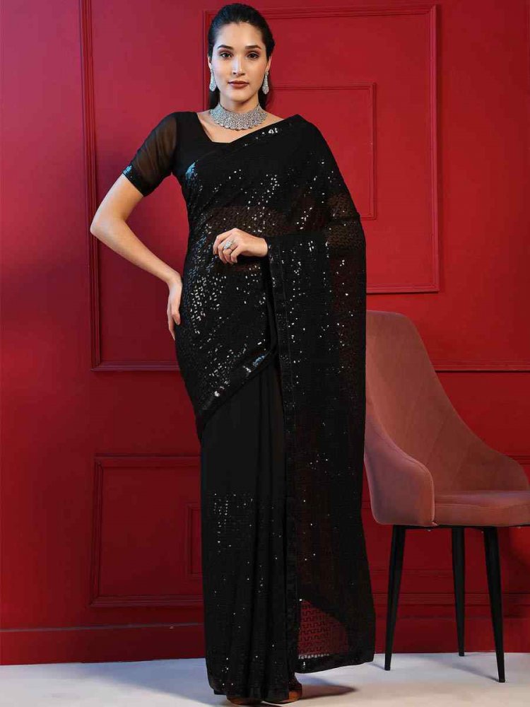 Black Blooming Georgette Sequins Party Wedding Classic Style Saree
