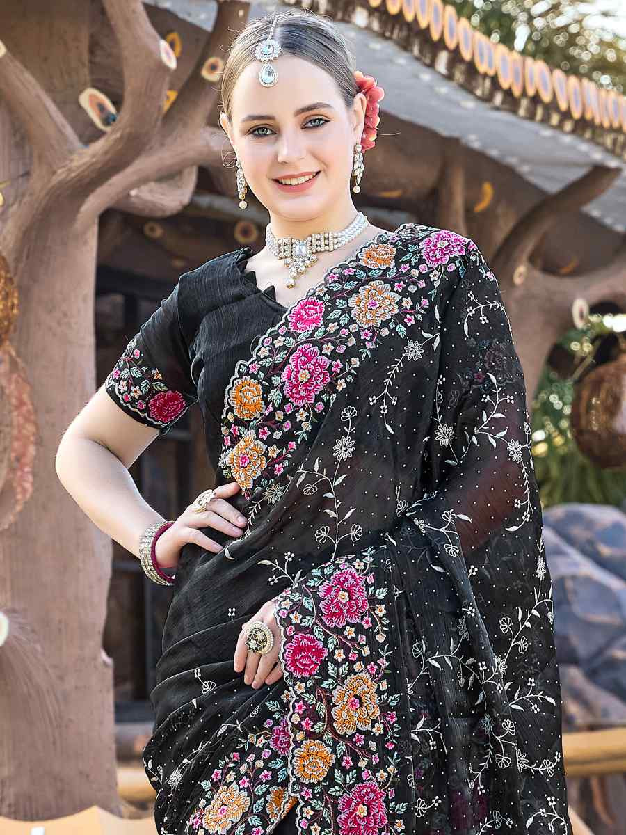 Black Burbury Silk Embroidered Bridesmaid Wedding Heavy Border Saree