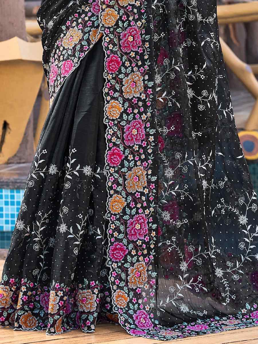 Black Burbury Silk Embroidered Bridesmaid Wedding Heavy Border Saree