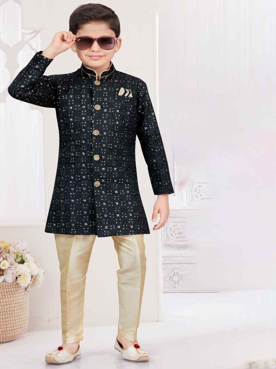 Black Champion Silk Embroidered Festival Wedding Kurta Pyjama Boys Wear