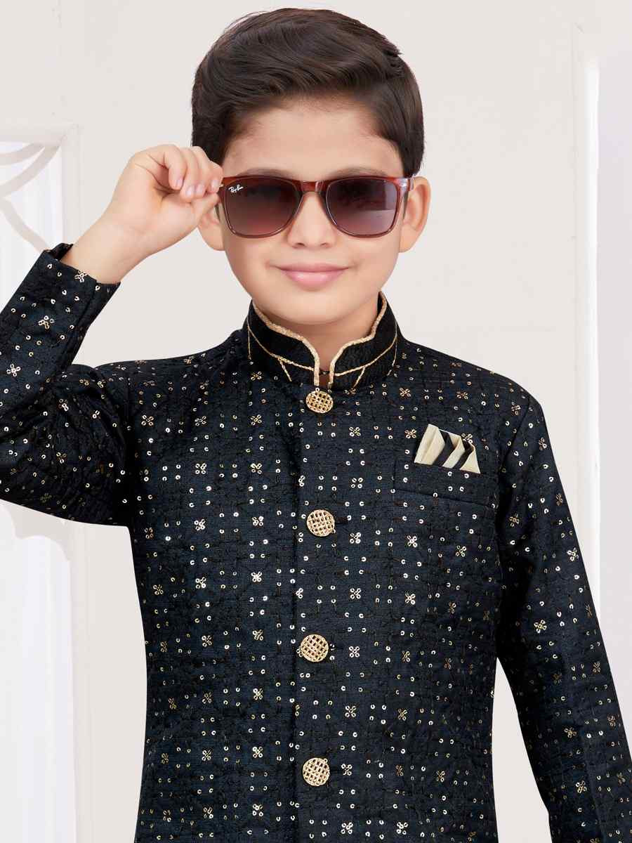 Black Champion Silk Embroidered Festival Wedding Kurta Pyjama Boys Wear