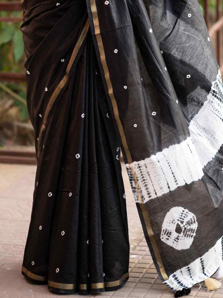 Black Chanderi Cotton Handwoven Party Festival Classic Style Saree