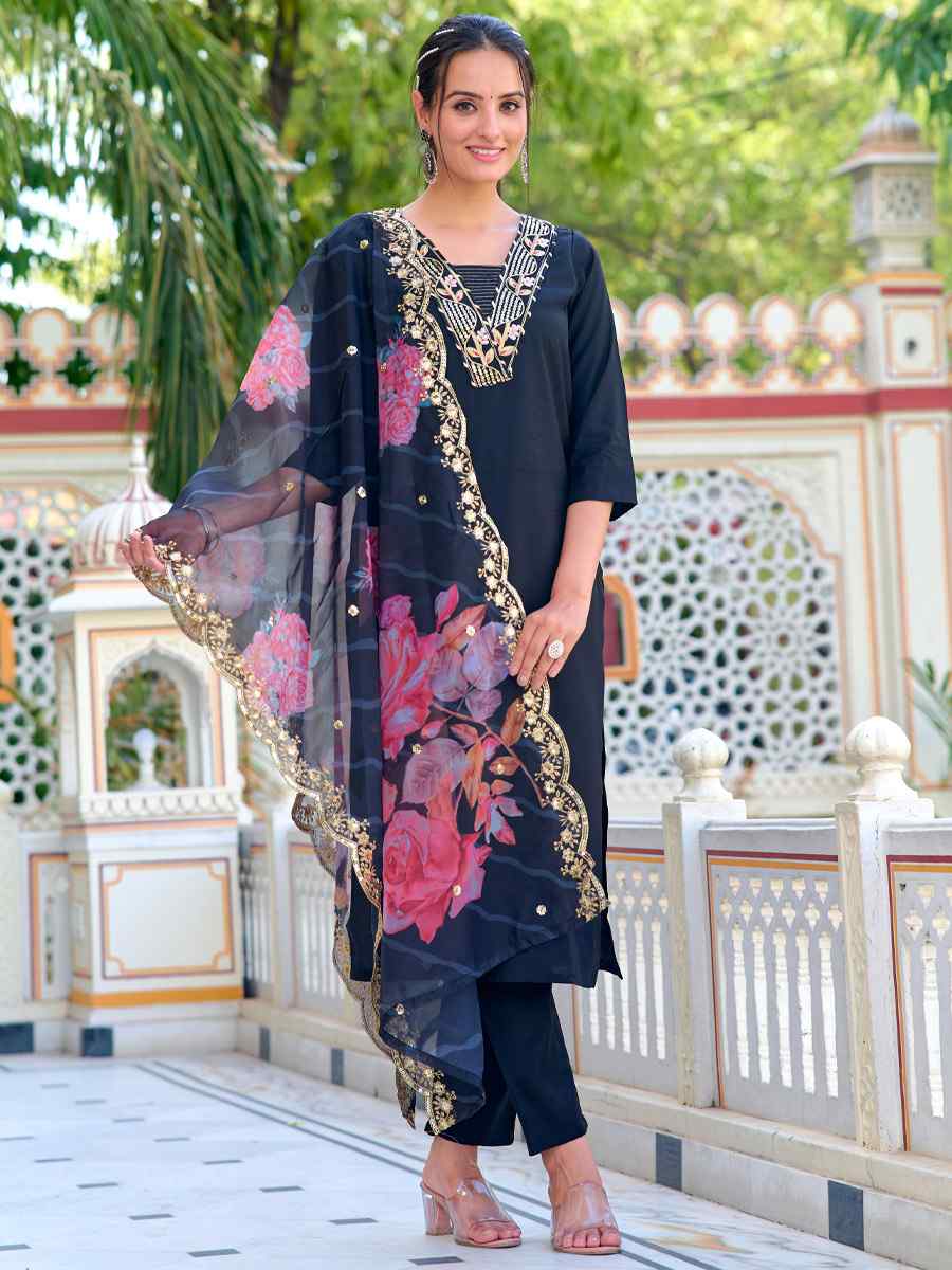 Black Chanderi Embroidered Festival Casual Ready Pant Salwar Kameez