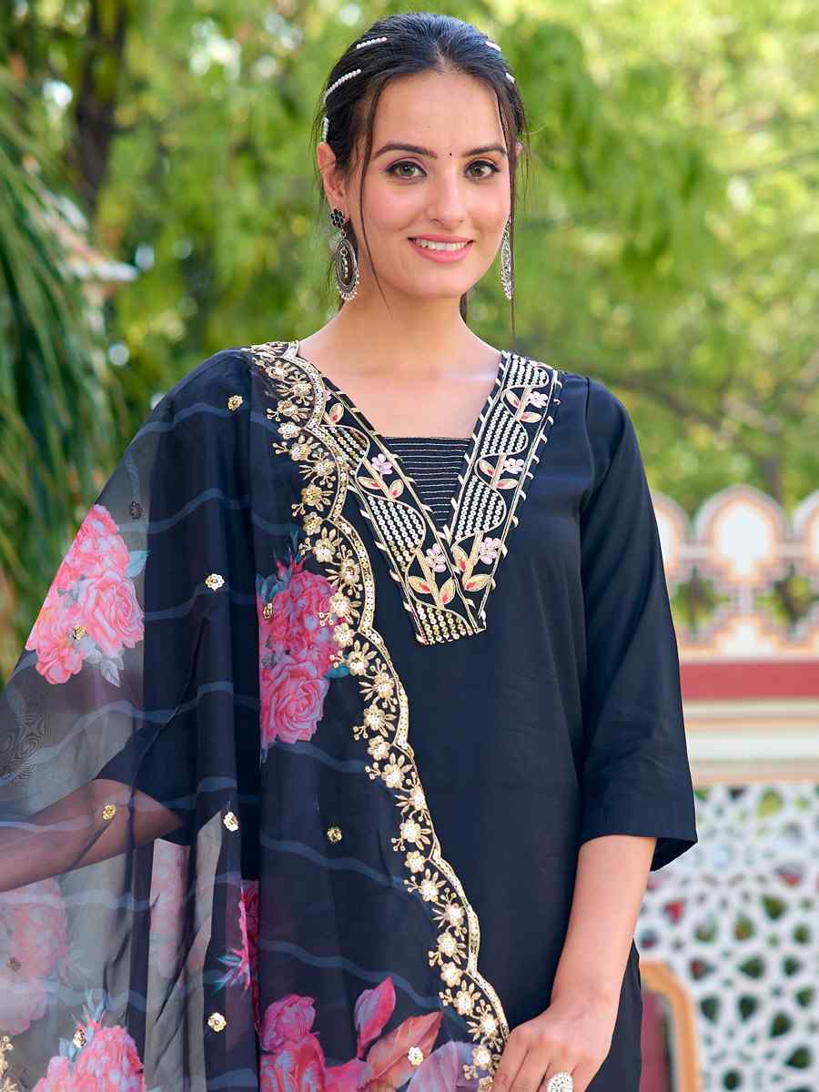 Black Chanderi Embroidered Festival Casual Ready Pant Salwar Kameez