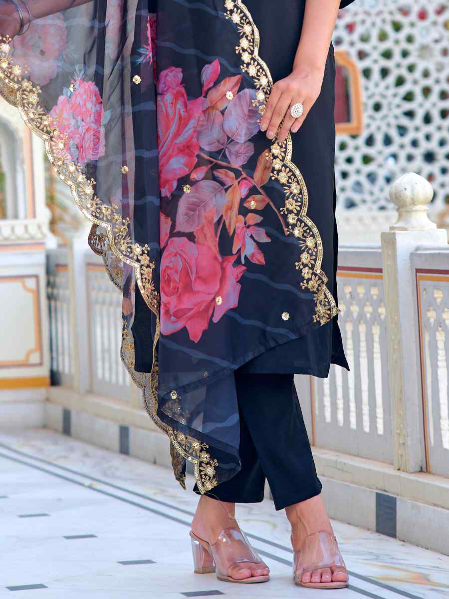 Black Chanderi Embroidered Festival Casual Ready Pant Salwar Kameez