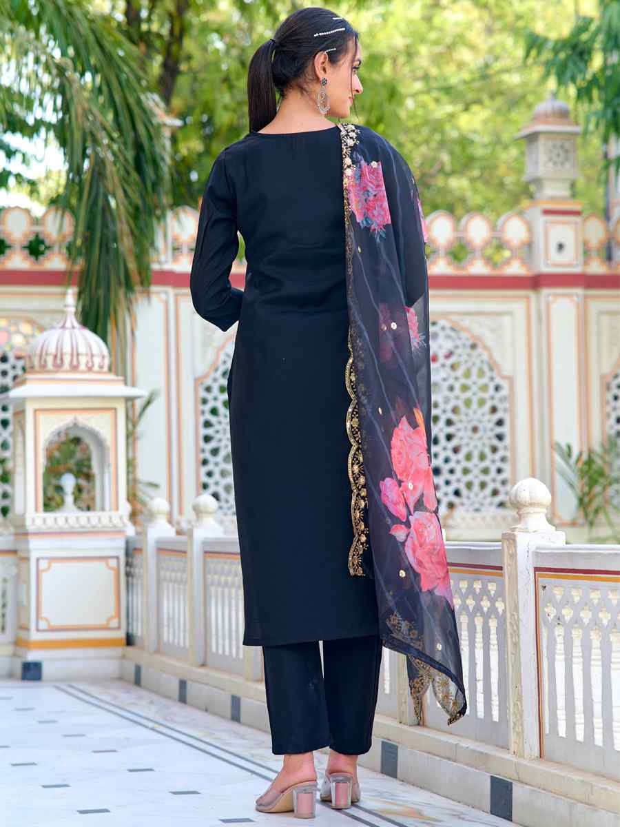 Black Chanderi Embroidered Festival Casual Ready Pant Salwar Kameez