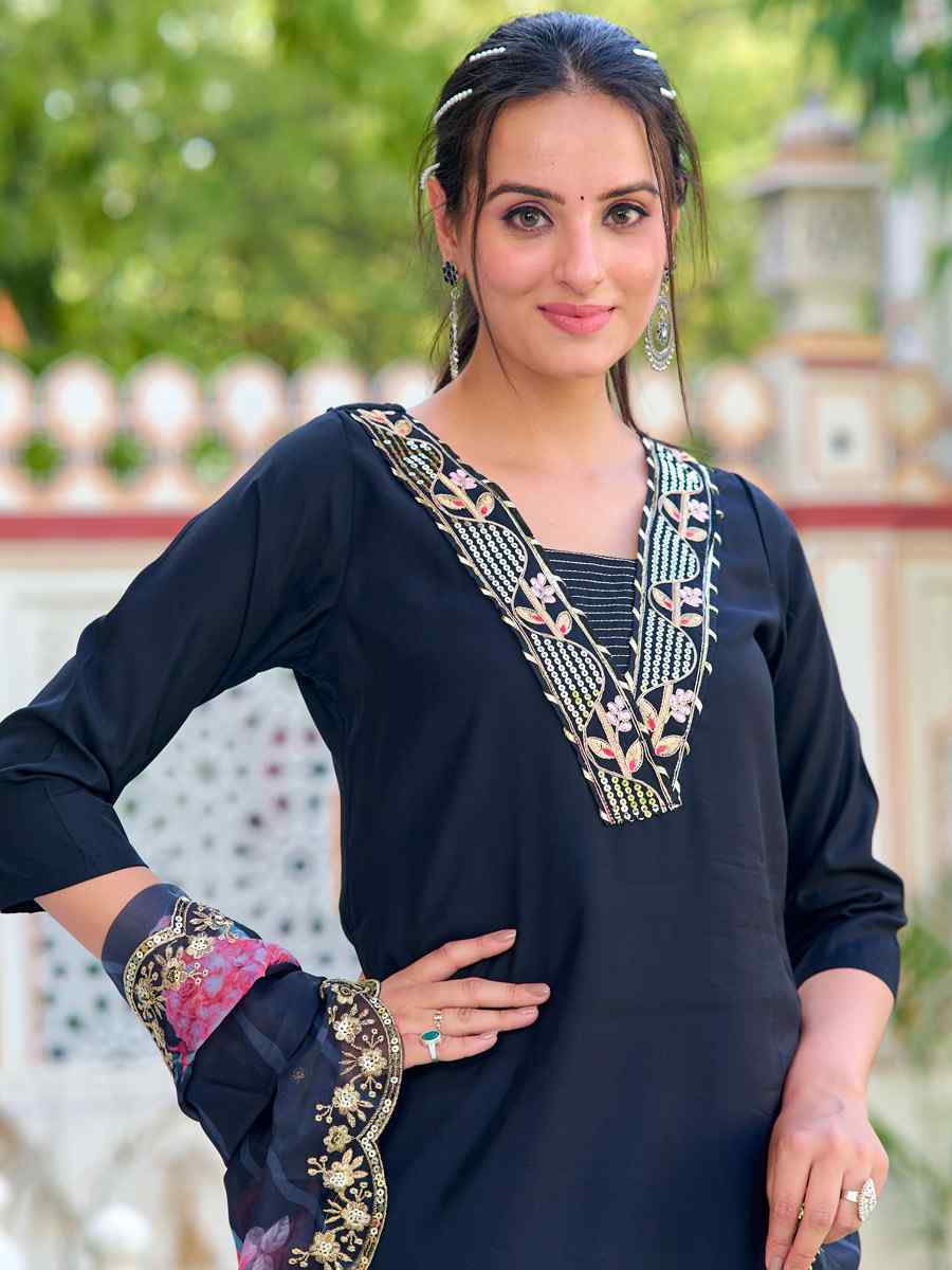 Black Chanderi Embroidered Festival Casual Ready Pant Salwar Kameez