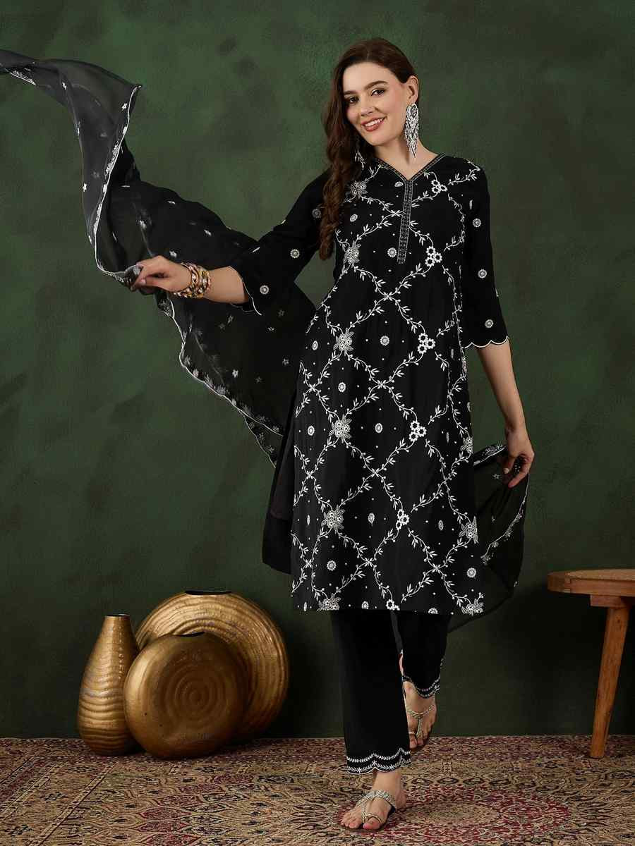 Black Chanderi Silk Embroidered Festival Casual Ready Pant Salwar Kameez