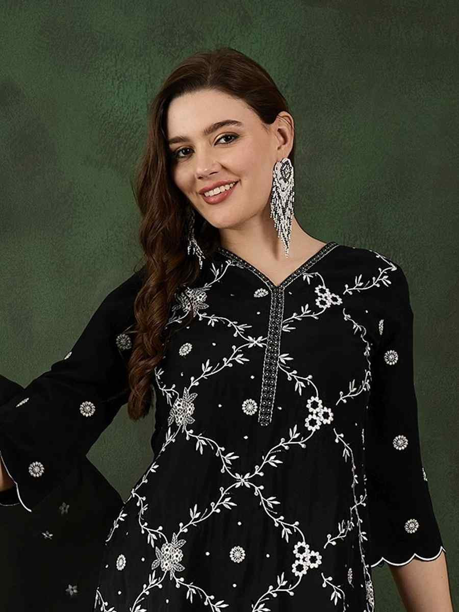 Black Chanderi Silk Embroidered Festival Casual Ready Pant Salwar Kameez