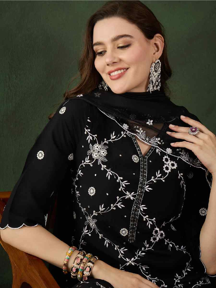 Black Chanderi Silk Embroidered Festival Casual Ready Pant Salwar Kameez