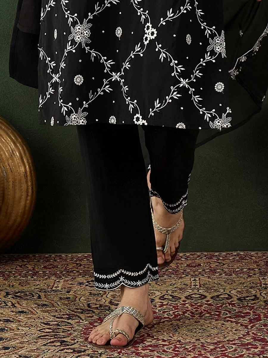 Black Chanderi Silk Embroidered Festival Casual Ready Pant Salwar Kameez