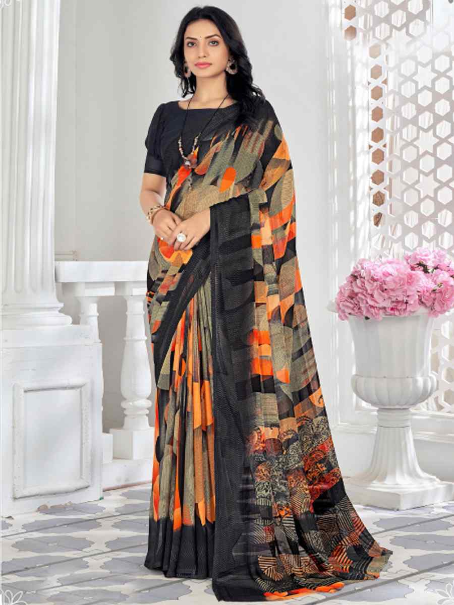 Black Chiffon Printed Casual Festival Contemporary Saree