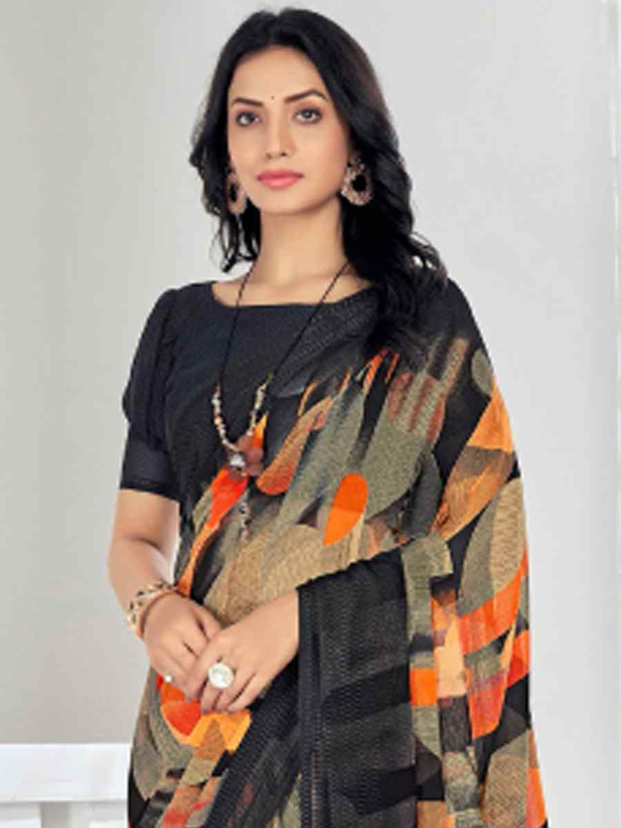 Black Chiffon Printed Casual Festival Contemporary Saree