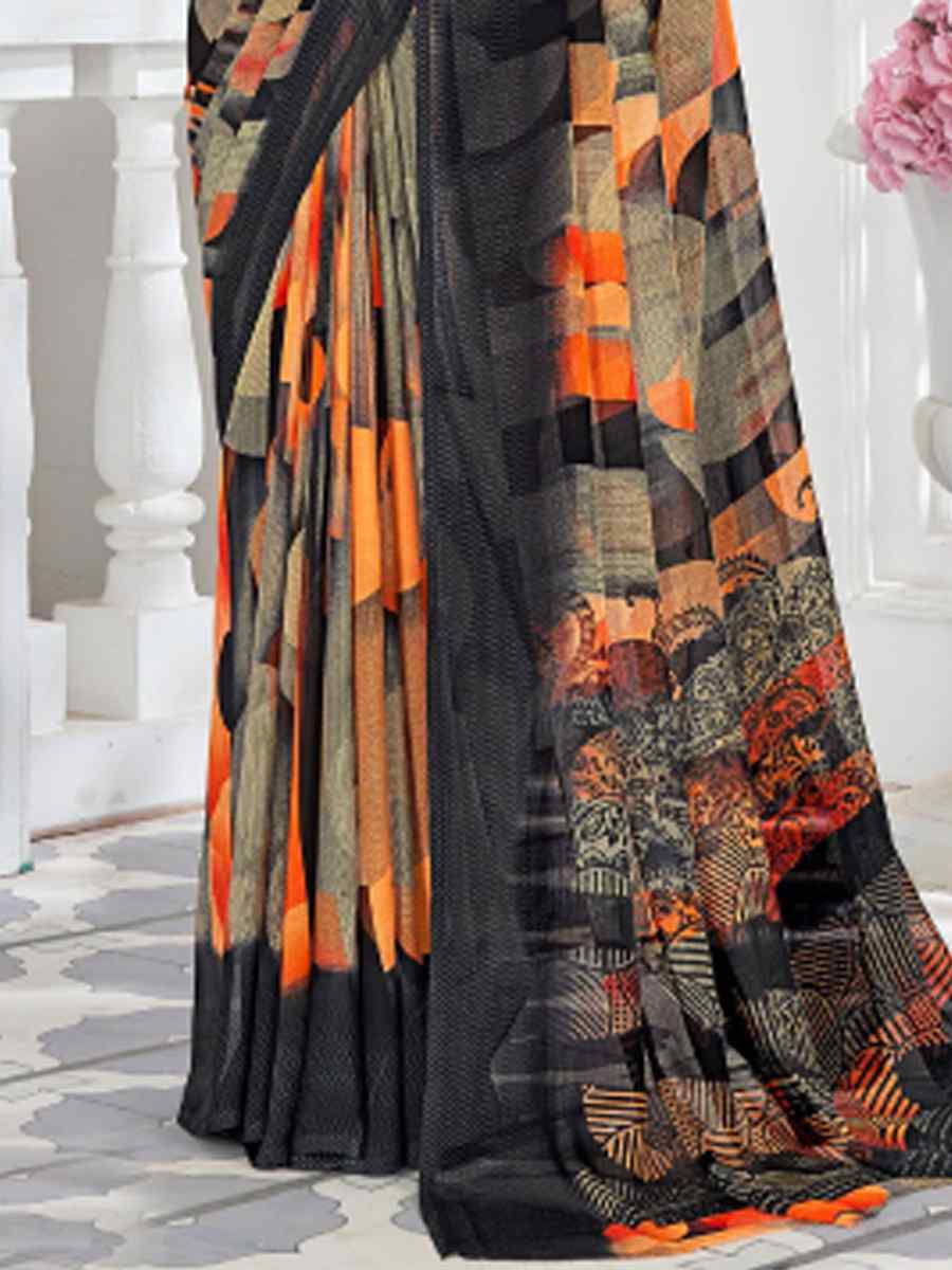 Black Chiffon Printed Casual Festival Contemporary Saree