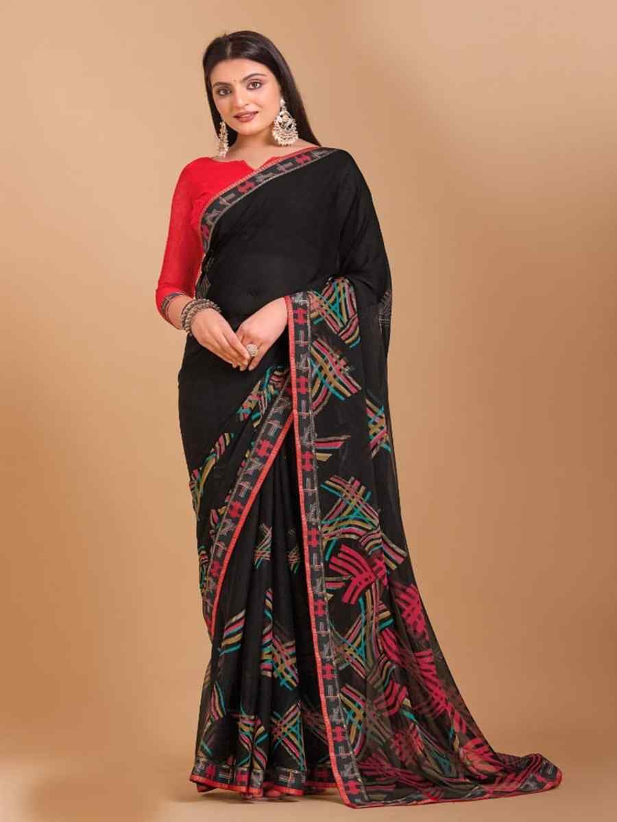 Black Chiffon Printed Festival Casual Contemporary Saree