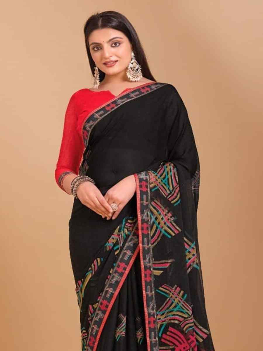 Black Chiffon Printed Festival Casual Contemporary Saree