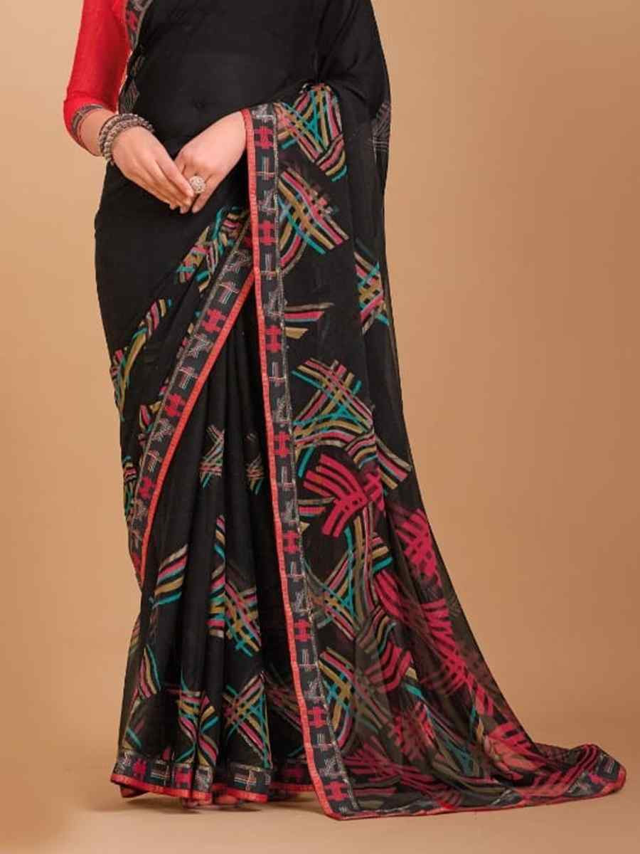 Black Chiffon Printed Festival Casual Contemporary Saree