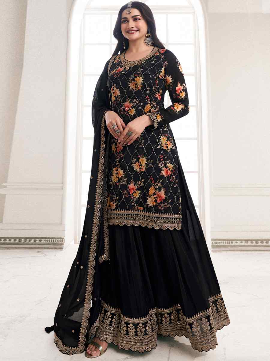 Black Chinon Embroidered Festival Wedding Sharara Pant Salwar Kameez