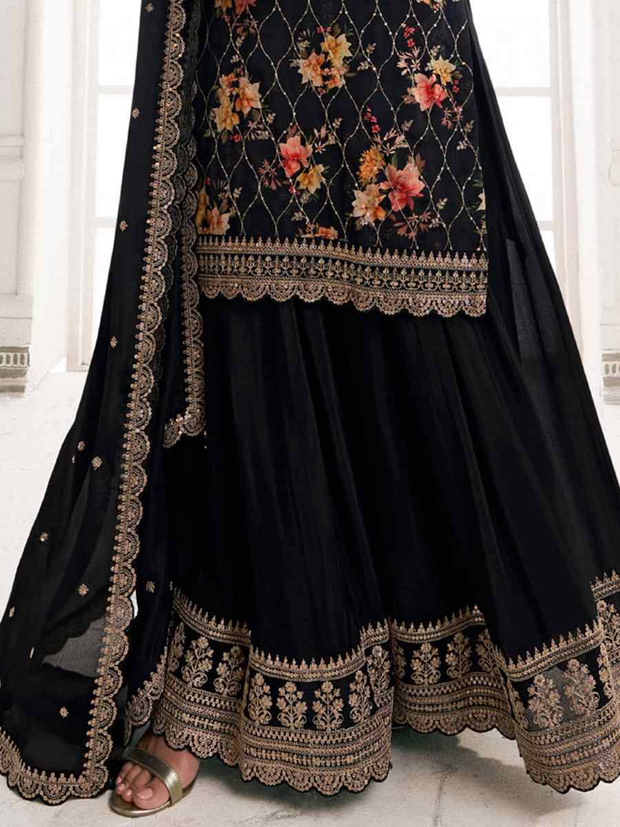 Black Chinon Embroidered Festival Wedding Sharara Pant Salwar Kameez