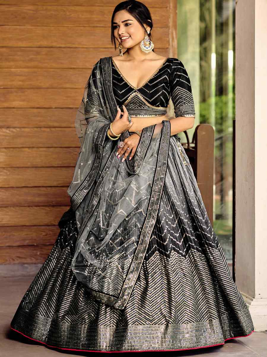 Black Chinon Embroidered Reception Wedding Heavy Border Lehenga Choli