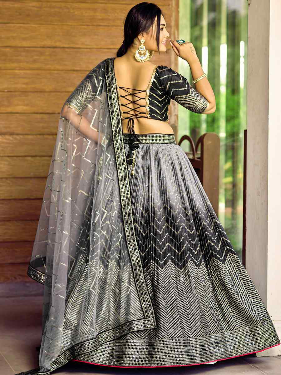 Black Chinon Embroidered Reception Wedding Heavy Border Lehenga Choli