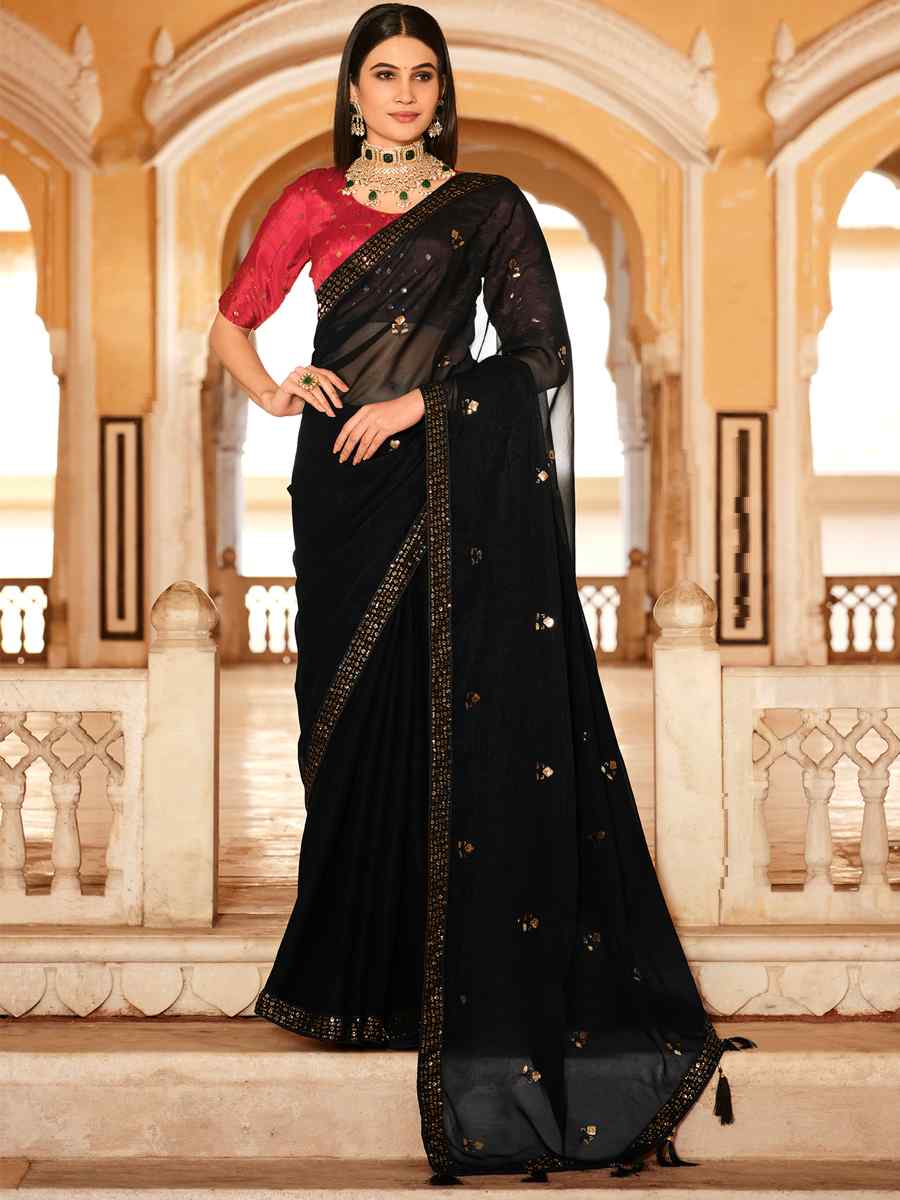 Black Chinon Handwoven Wedding Festival Heavy Border Saree