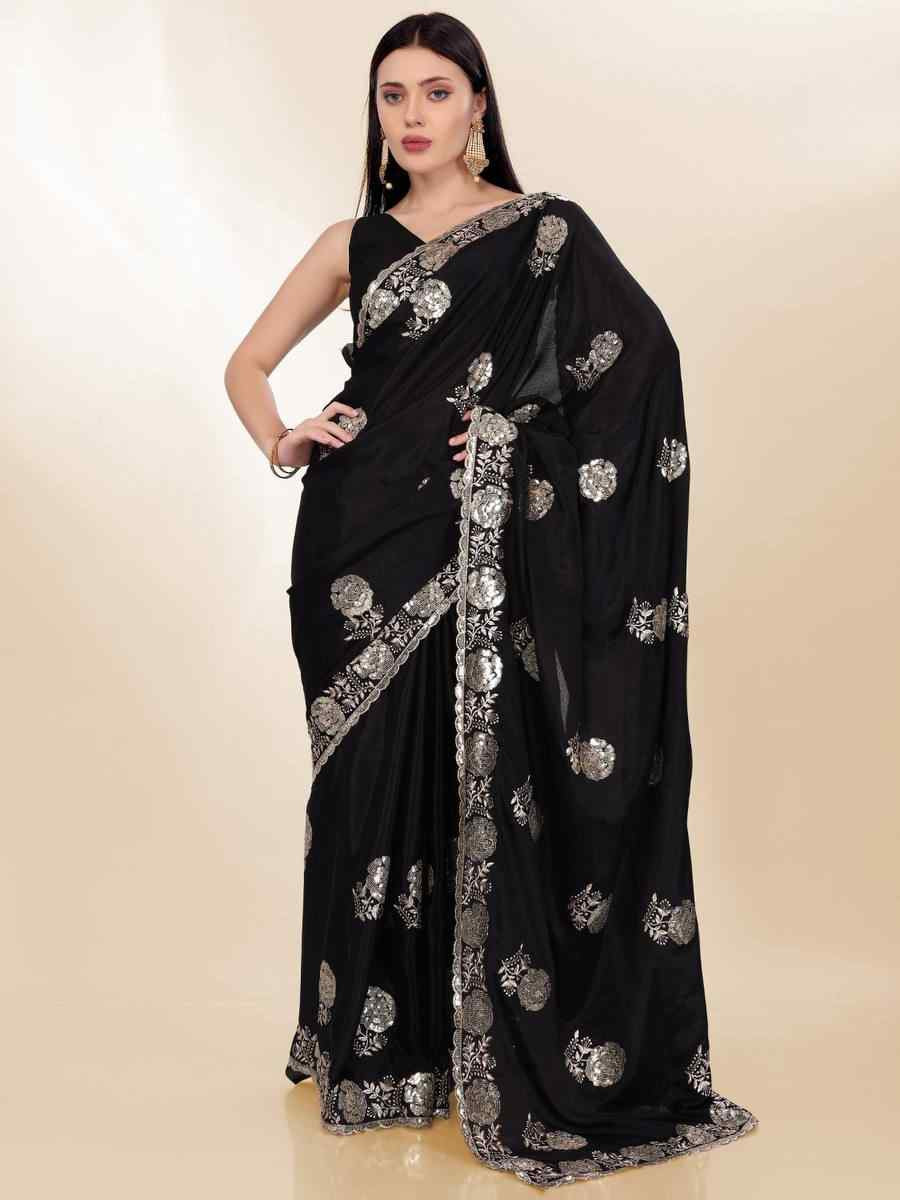 Black Chinon Silk Embroidered Bridesmaid Reception Heavy Border Saree