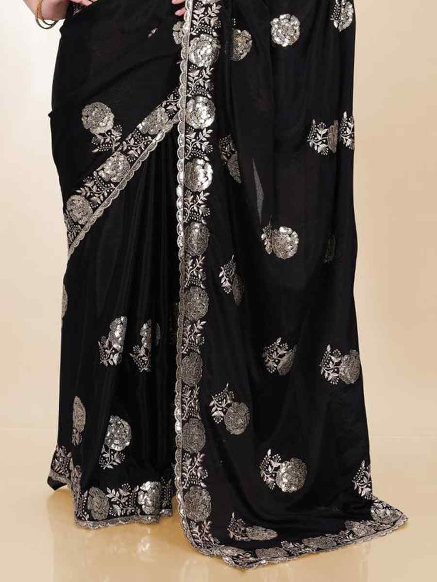 Black Chinon Silk Embroidered Bridesmaid Reception Heavy Border Saree