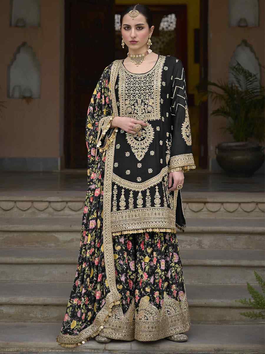 Black Chinon Silk Embroidered Festival Wedding Palazzo Pant Salwar Kameez