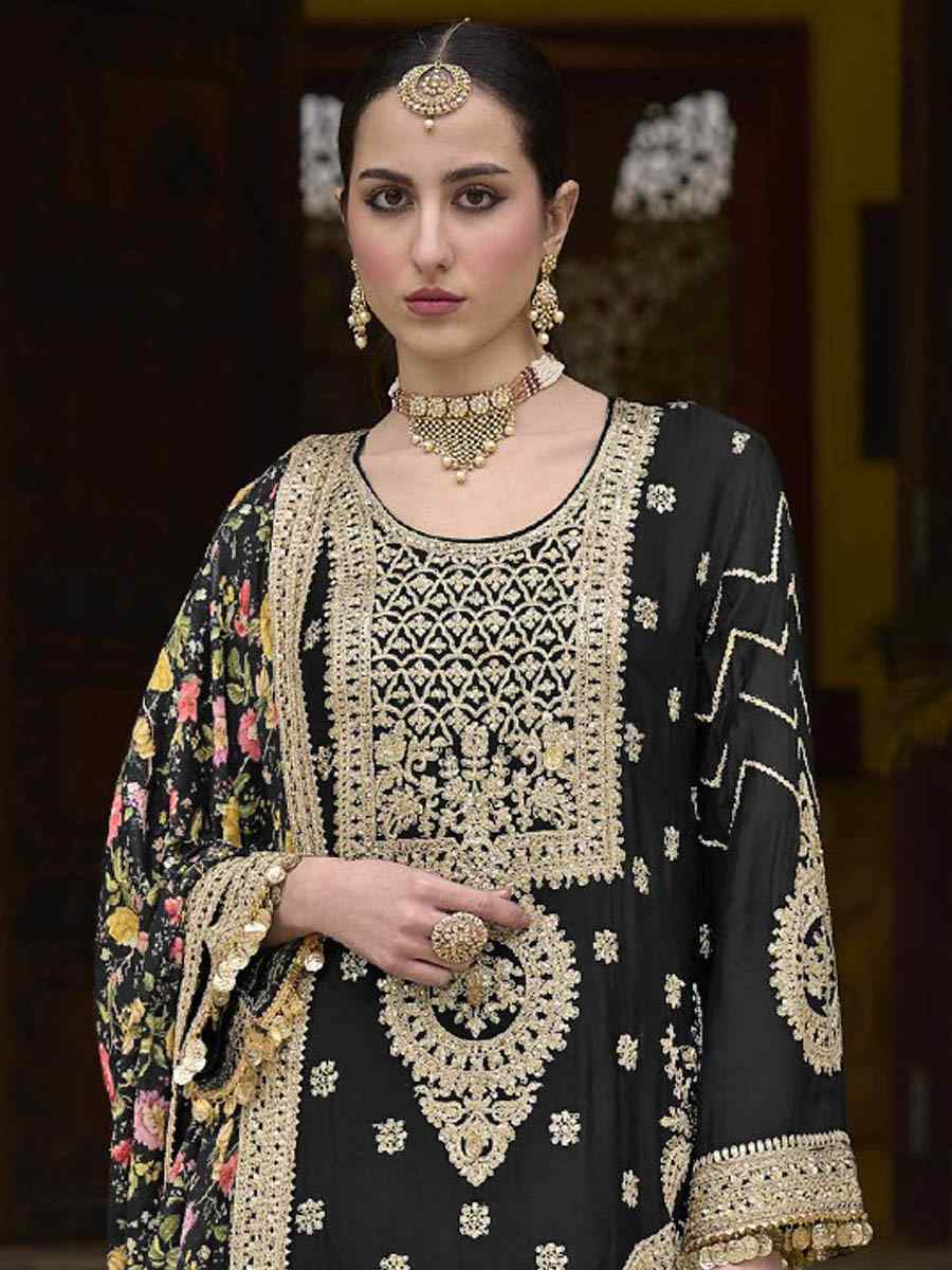 Black Chinon Silk Embroidered Festival Wedding Palazzo Pant Salwar Kameez