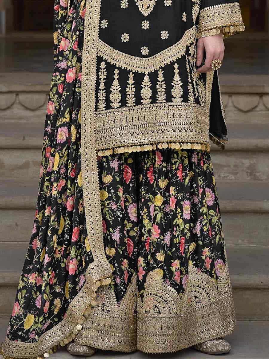 Black Chinon Silk Embroidered Festival Wedding Palazzo Pant Salwar Kameez