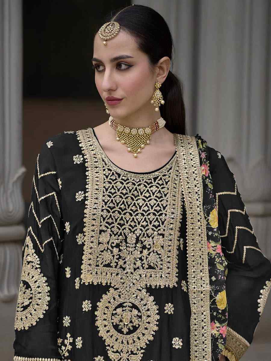 Black Chinon Silk Embroidered Festival Wedding Palazzo Pant Salwar Kameez