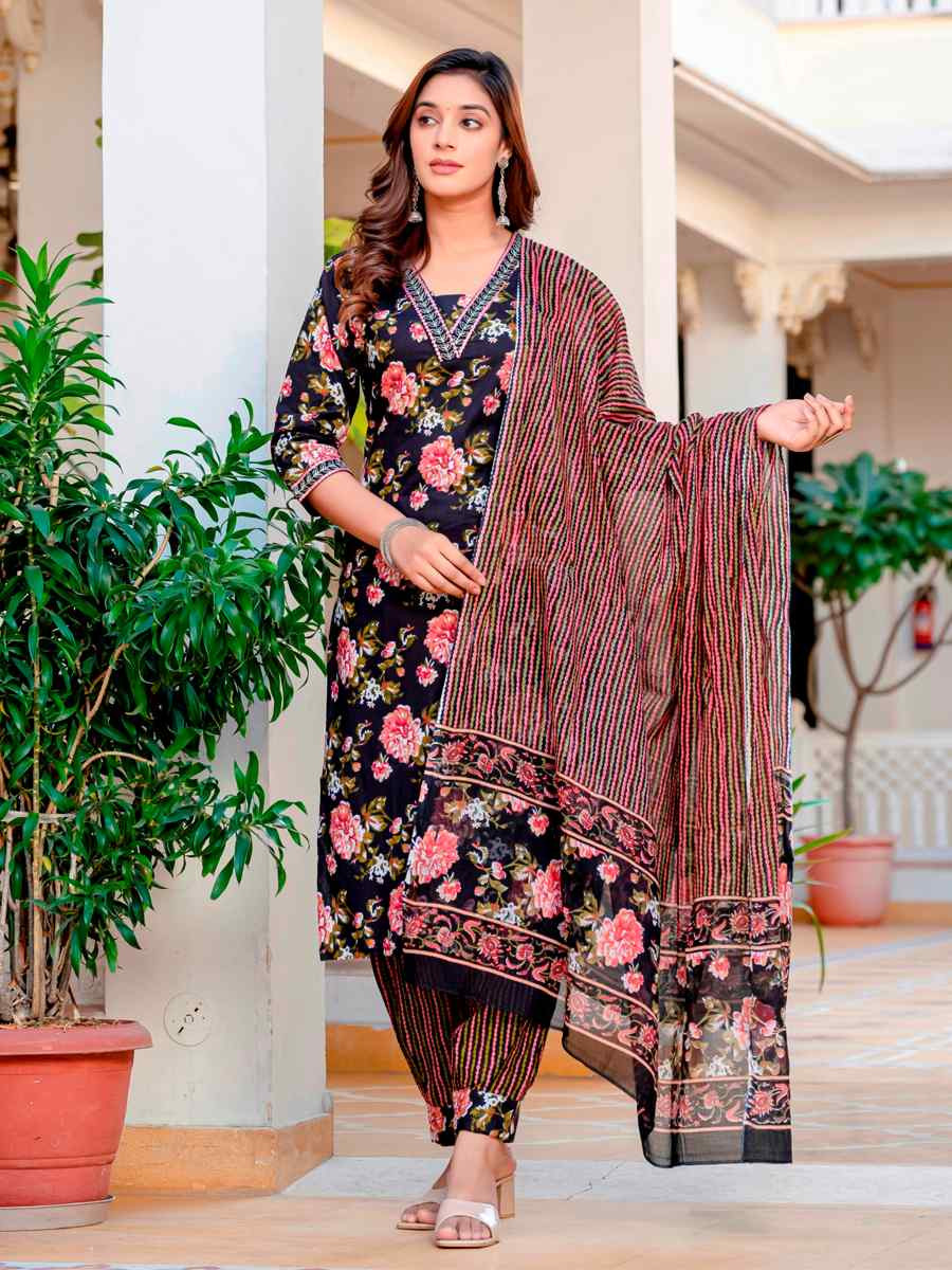 Black Cotton Embroidered Festival Casual Pant Salwar Kameez