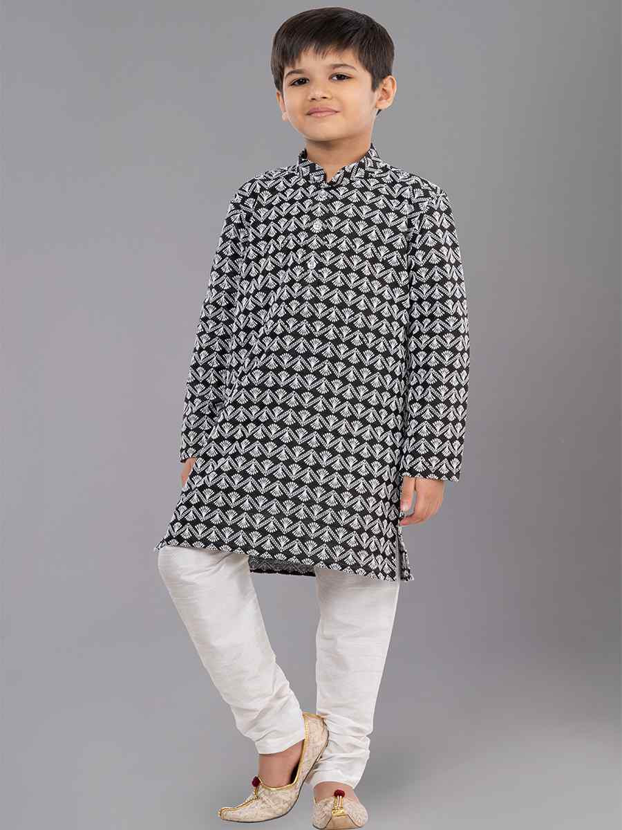 Black Cotton Silk Embroidered Festival Traditional Kurta Pyjama Boys Wear