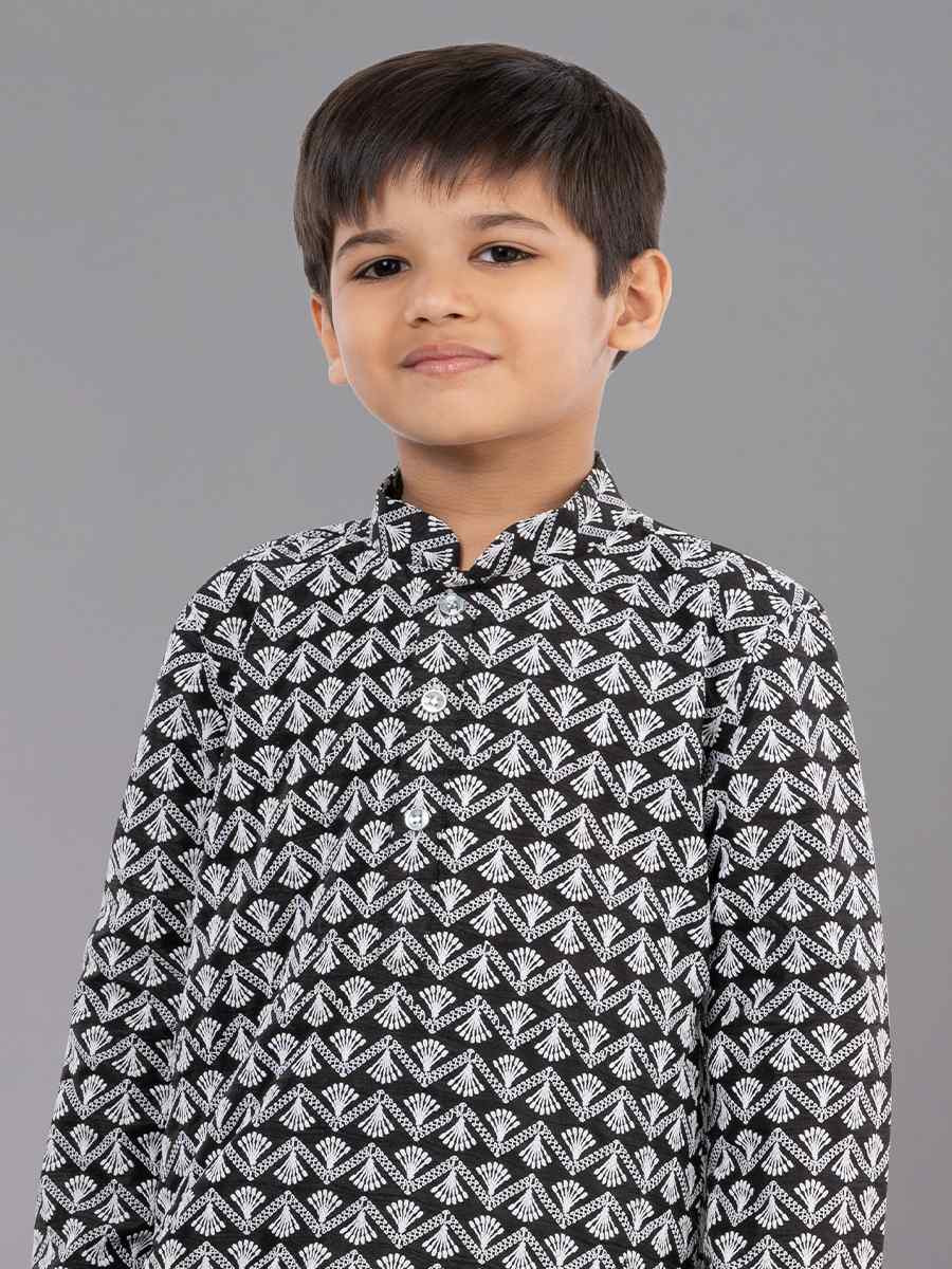 Black Cotton Silk Embroidered Festival Traditional Kurta Pyjama Boys Wear