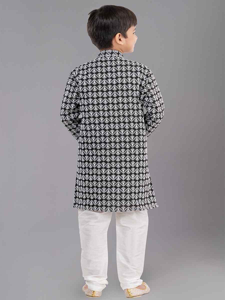 Black Cotton Silk Embroidered Festival Traditional Kurta Pyjama Boys Wear