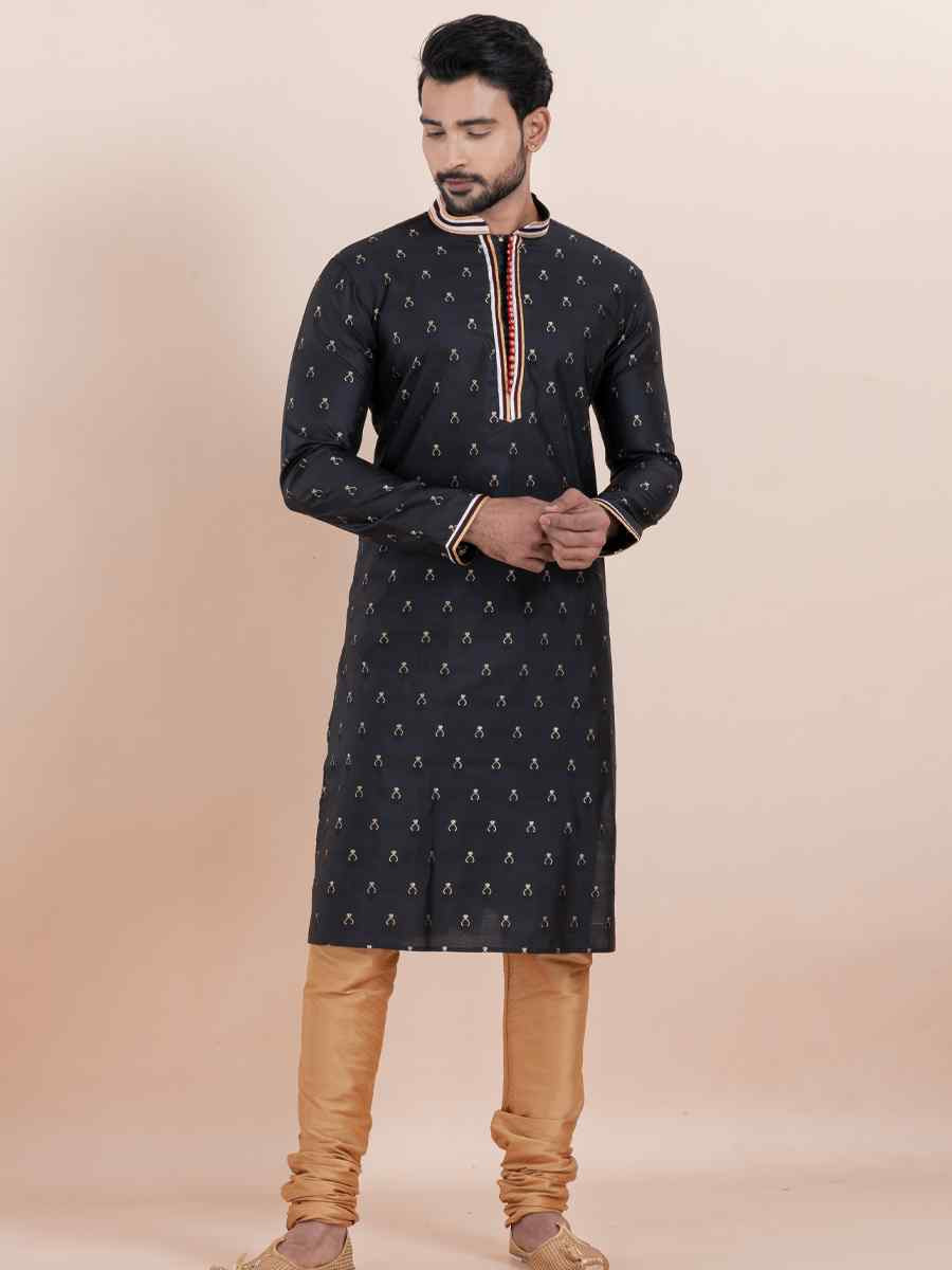 Black Cotton Silk Jacquard Embroidered Festival Wedding Kurta Pyjama Men's Wear