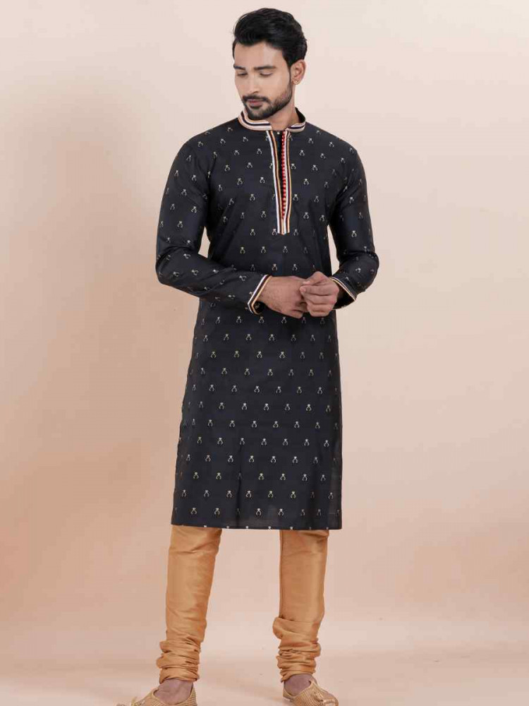 Black Cotton Silk Jacquard Embroidered Festival Wedding Kurta Pyjama Men&#039;s Wear