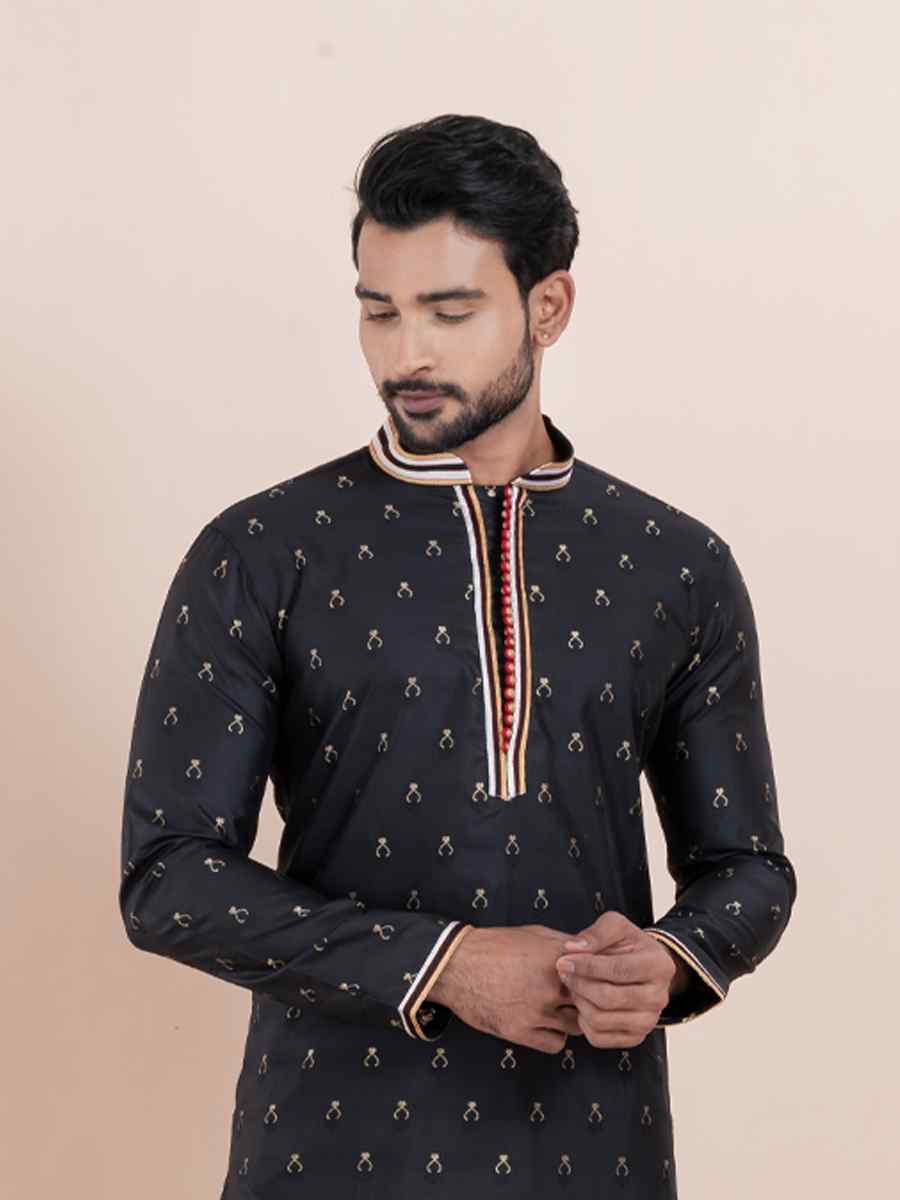 Black Cotton Silk Jacquard Embroidered Festival Wedding Kurta Pyjama Men's Wear