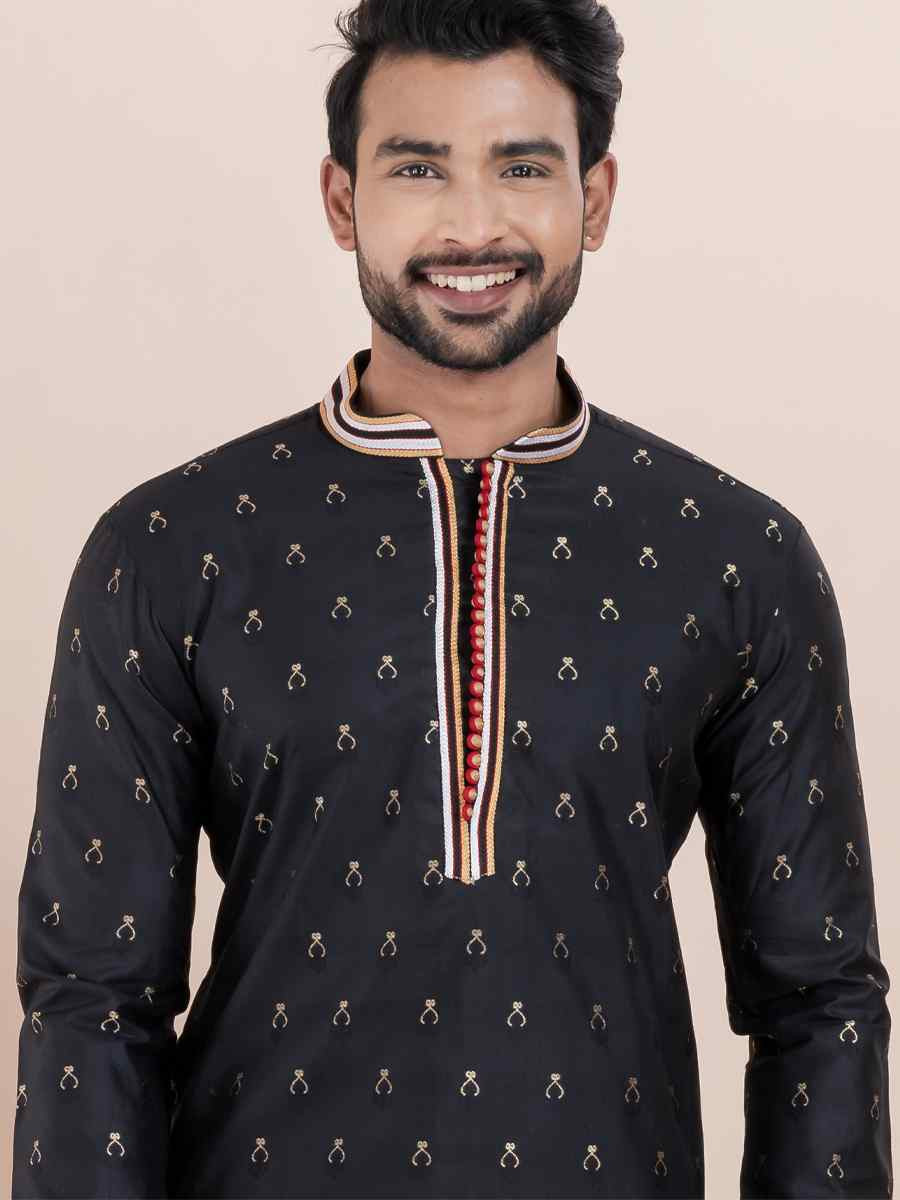 Black Cotton Silk Jacquard Embroidered Festival Wedding Kurta Pyjama Men's Wear