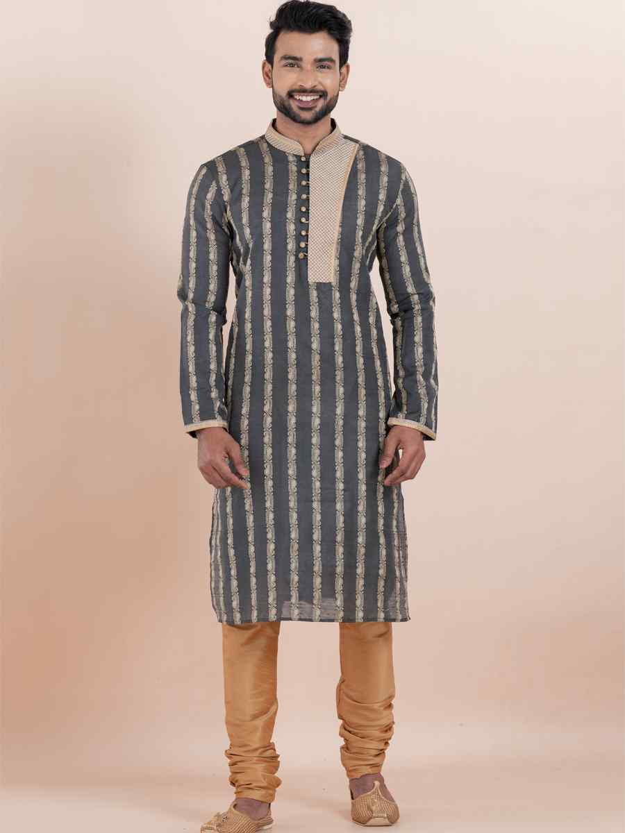 Black Cotton Silk Jacquard Embroidered Festival Wedding Kurta Pyjama Men's Wear