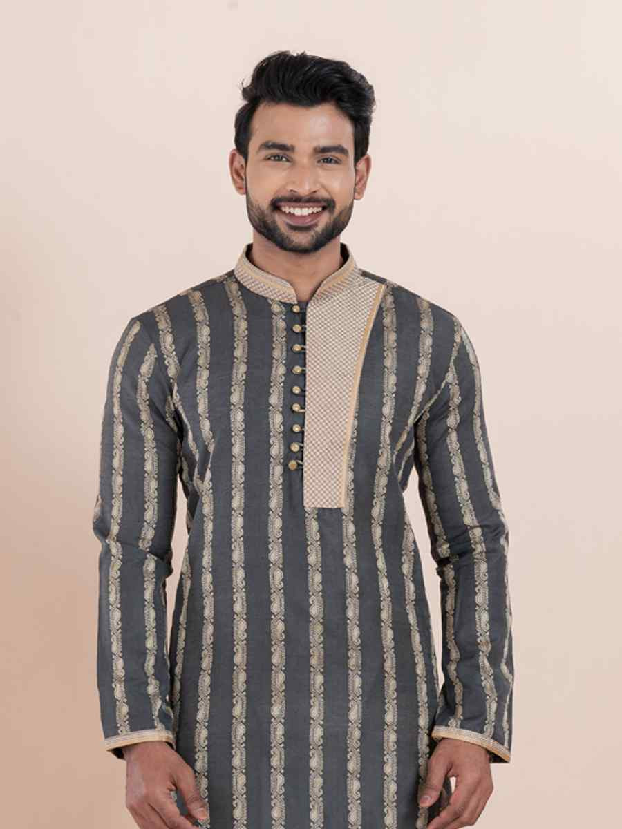 Black Cotton Silk Jacquard Embroidered Festival Wedding Kurta Pyjama Men's Wear