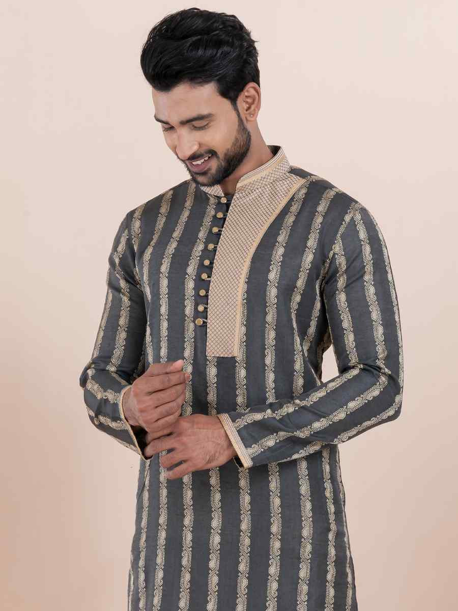 Black Cotton Silk Jacquard Embroidered Festival Wedding Kurta Pyjama Men's Wear