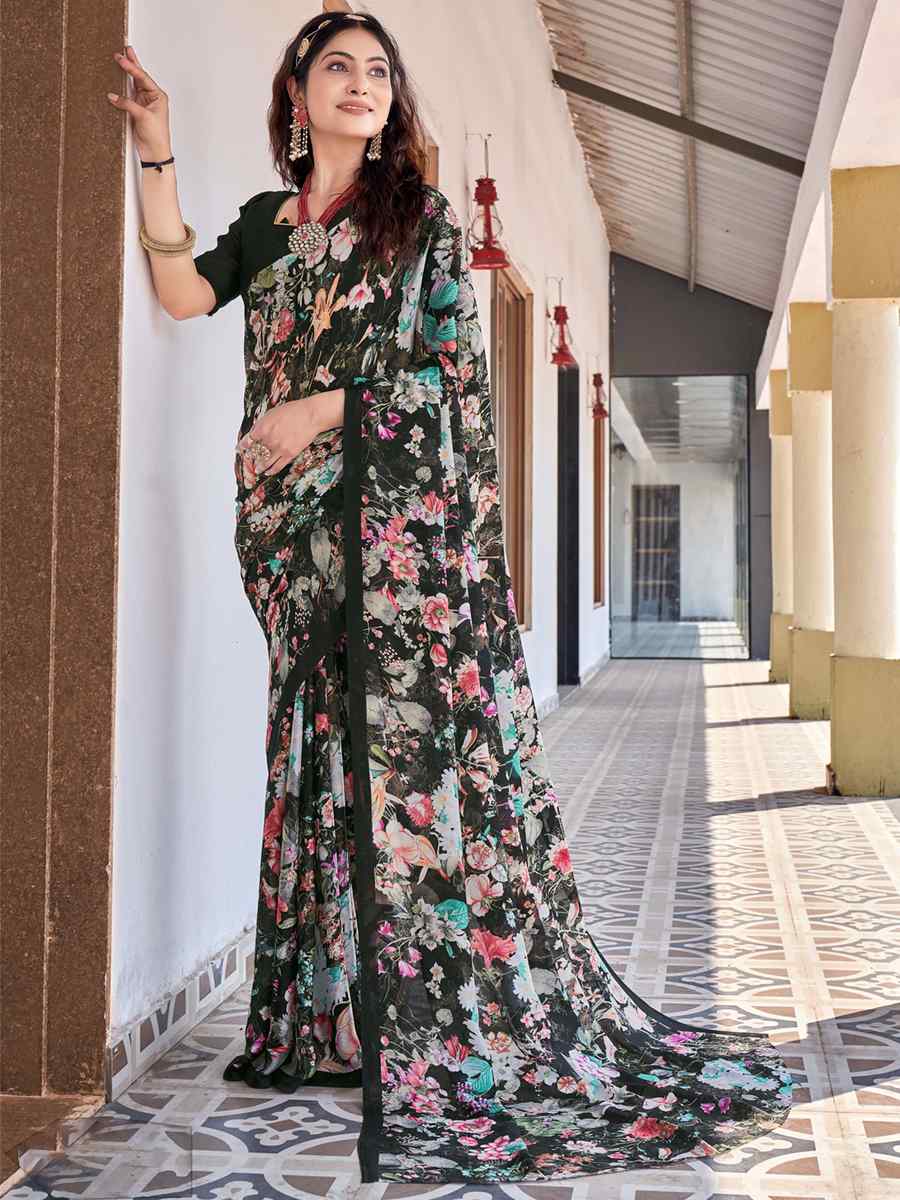 Black Crepe Printed Casual Festival Contemporary Saree