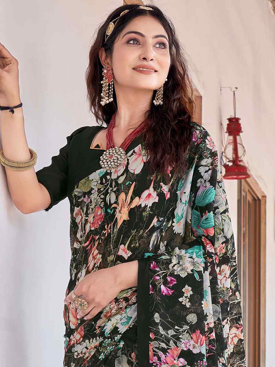 Black Crepe Printed Casual Festival Contemporary Saree