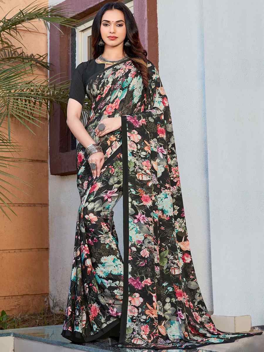 Black Crepe Printed Casual Festival Contemporary Saree