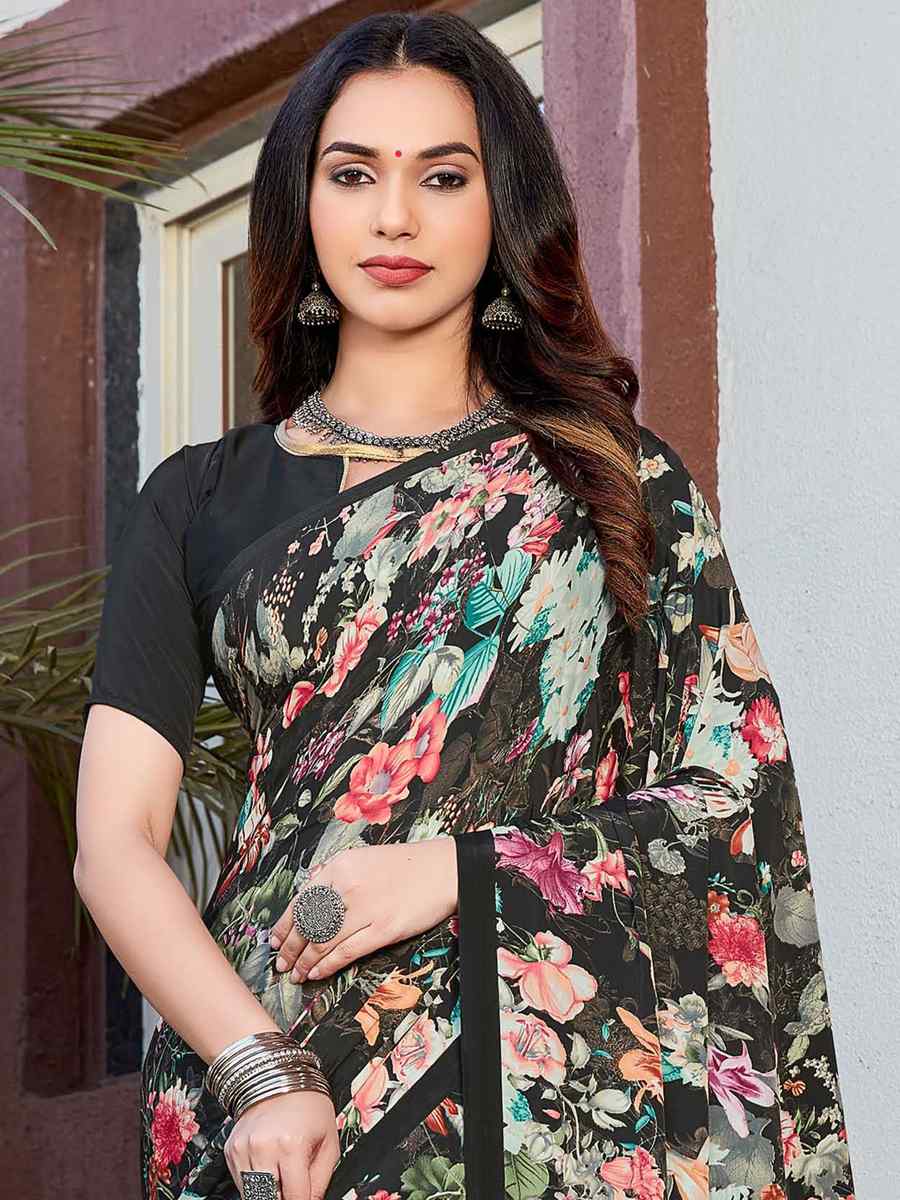 Black Crepe Printed Casual Festival Contemporary Saree