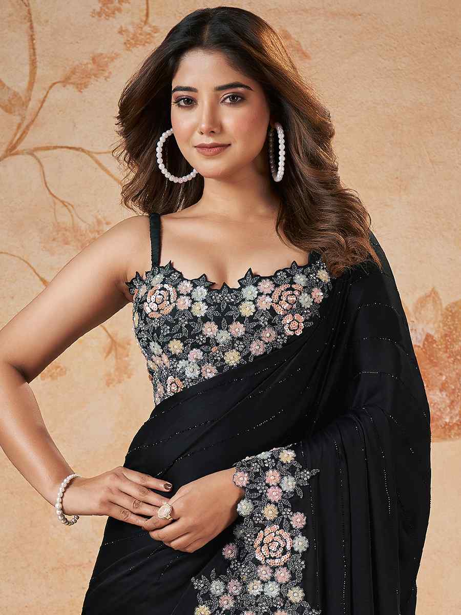 Black Crepe Satin Silk Embroidered Festival Party Classic Style Saree