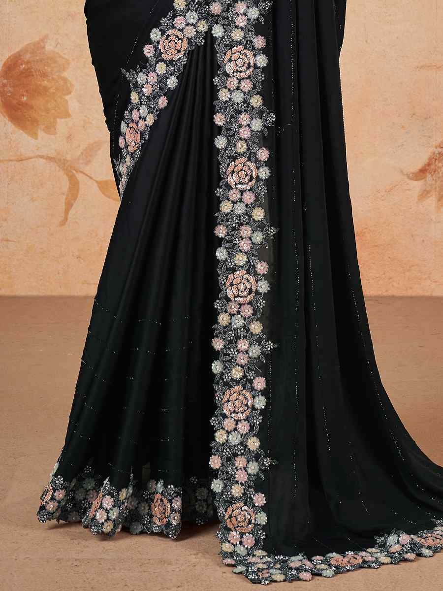 Black Crepe Satin Silk Embroidered Festival Party Classic Style Saree